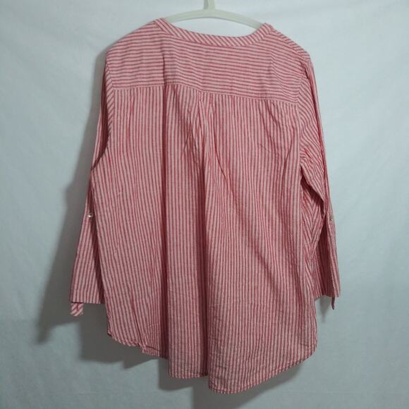 Multiples Linen Blend Striped Print Band Collar 3/4 Roll-Tab Sleeve Top Size L - Picture 5 of 5